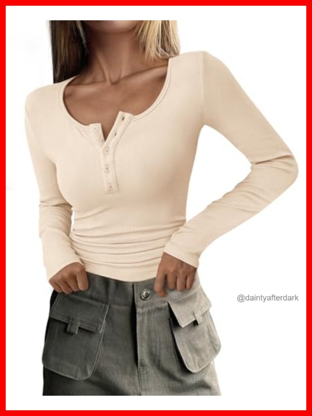 Women's Long Sleeve Henley T Shirt Ribbed Knit Slim Fit Button Front Top